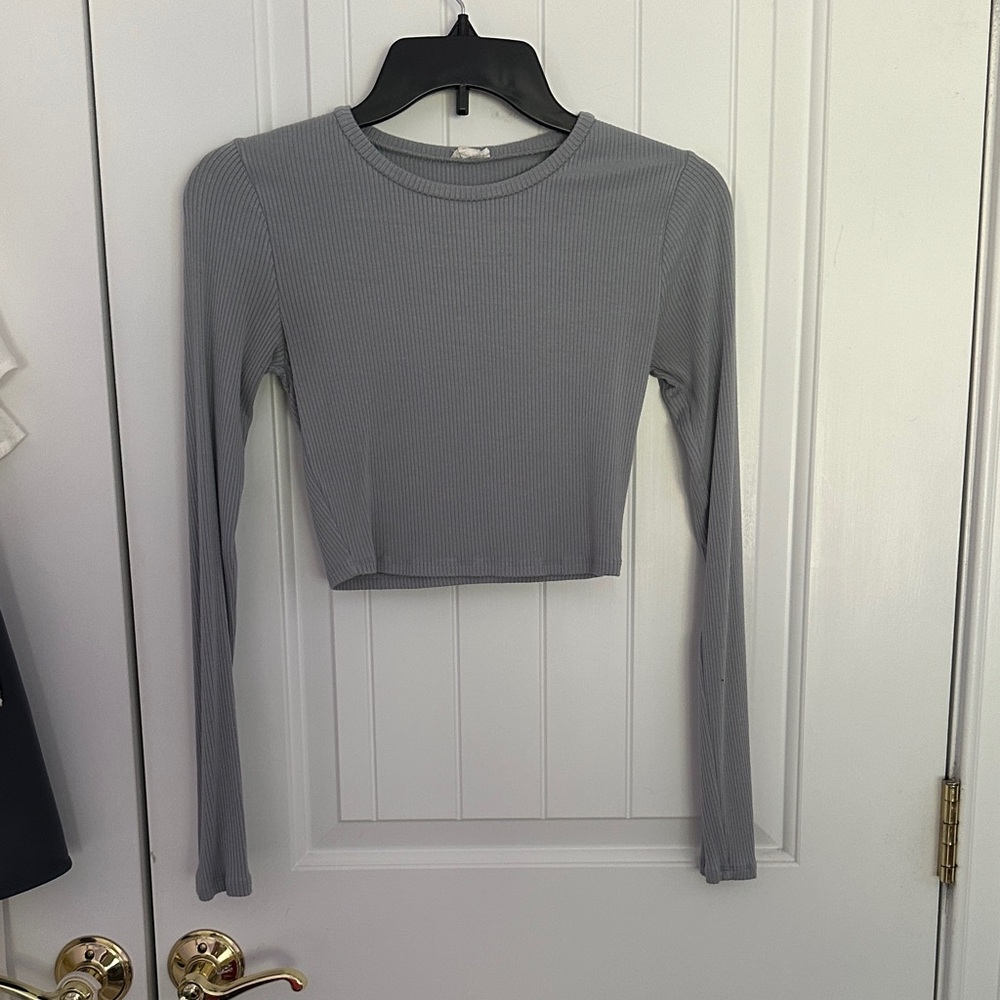 Gray- blue garage Ribbed Long Sleeve Crop Top